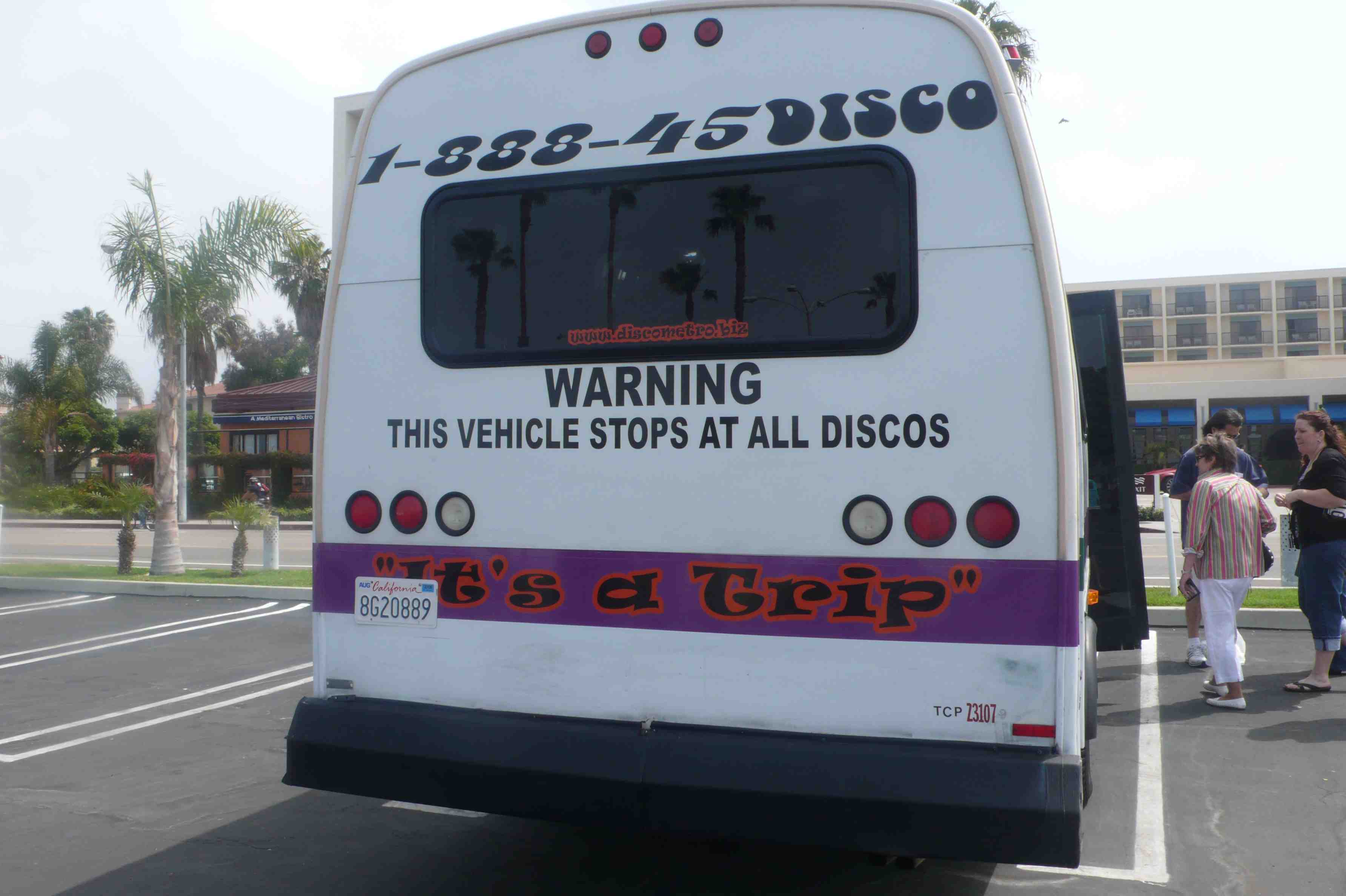 Disco bus, complete with purple leopard seats