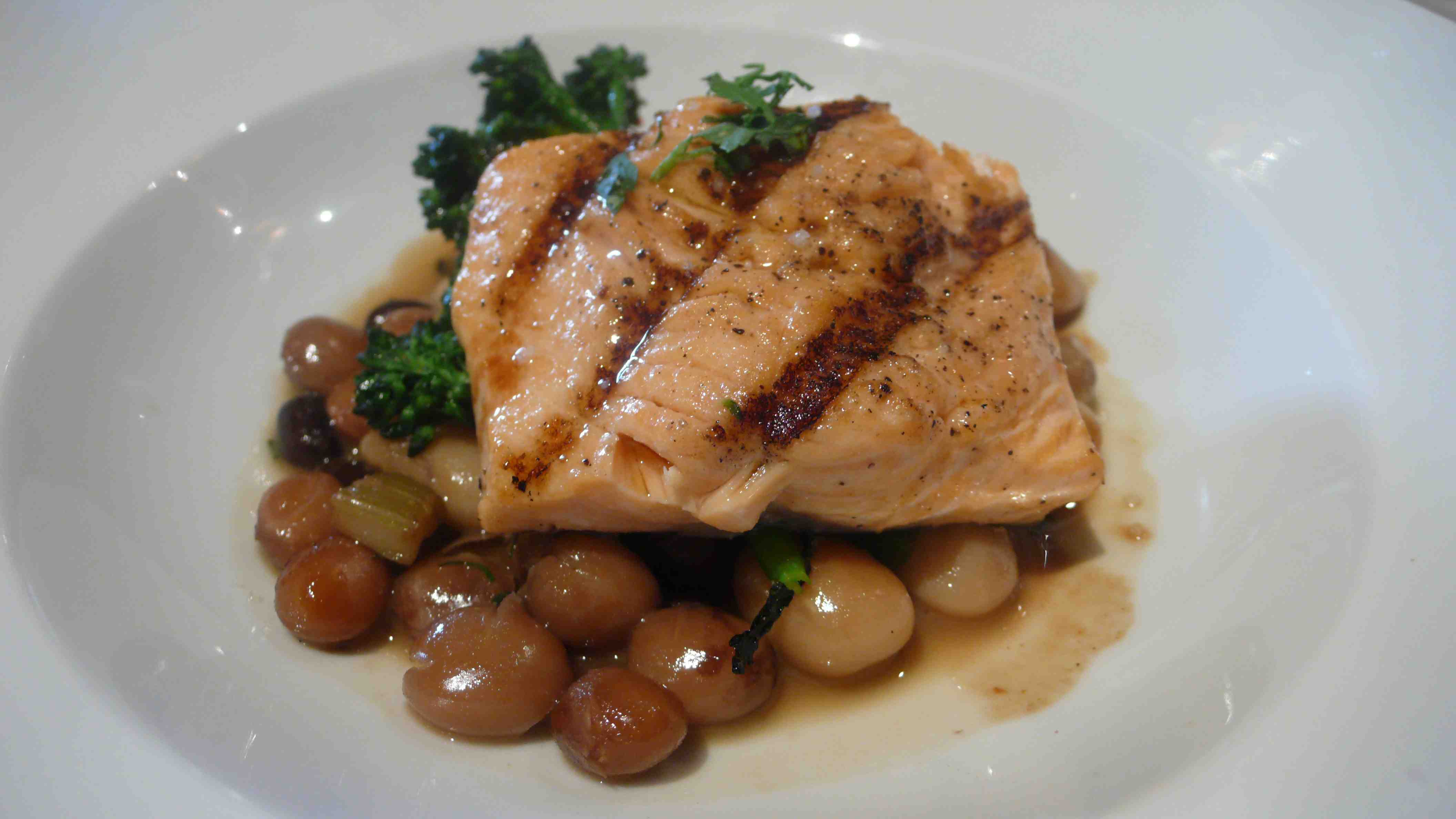 Grilled artic char with five bean ragu