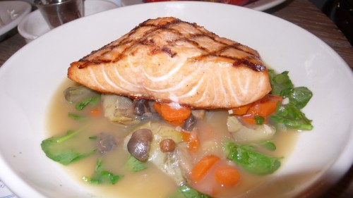 Salmon with vegetables in miso broth